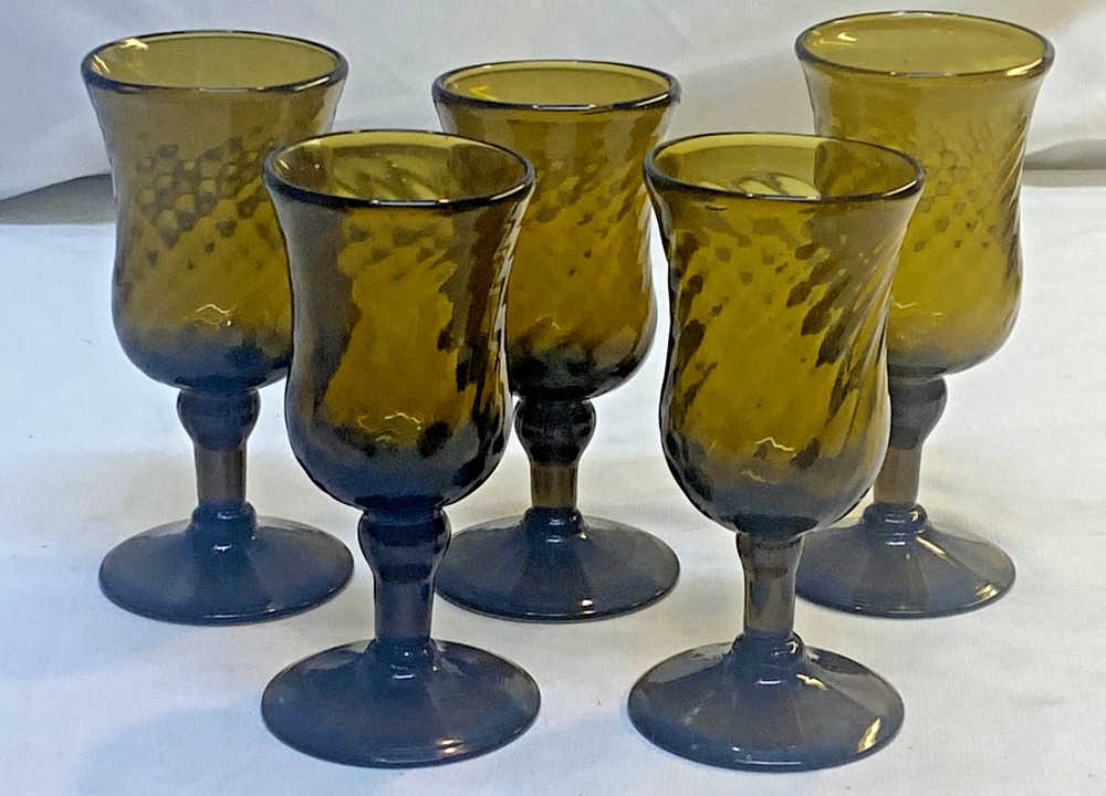 5 Vtg MCM Blown Brown/Olive Green Glass Cordial Glasses Swirl